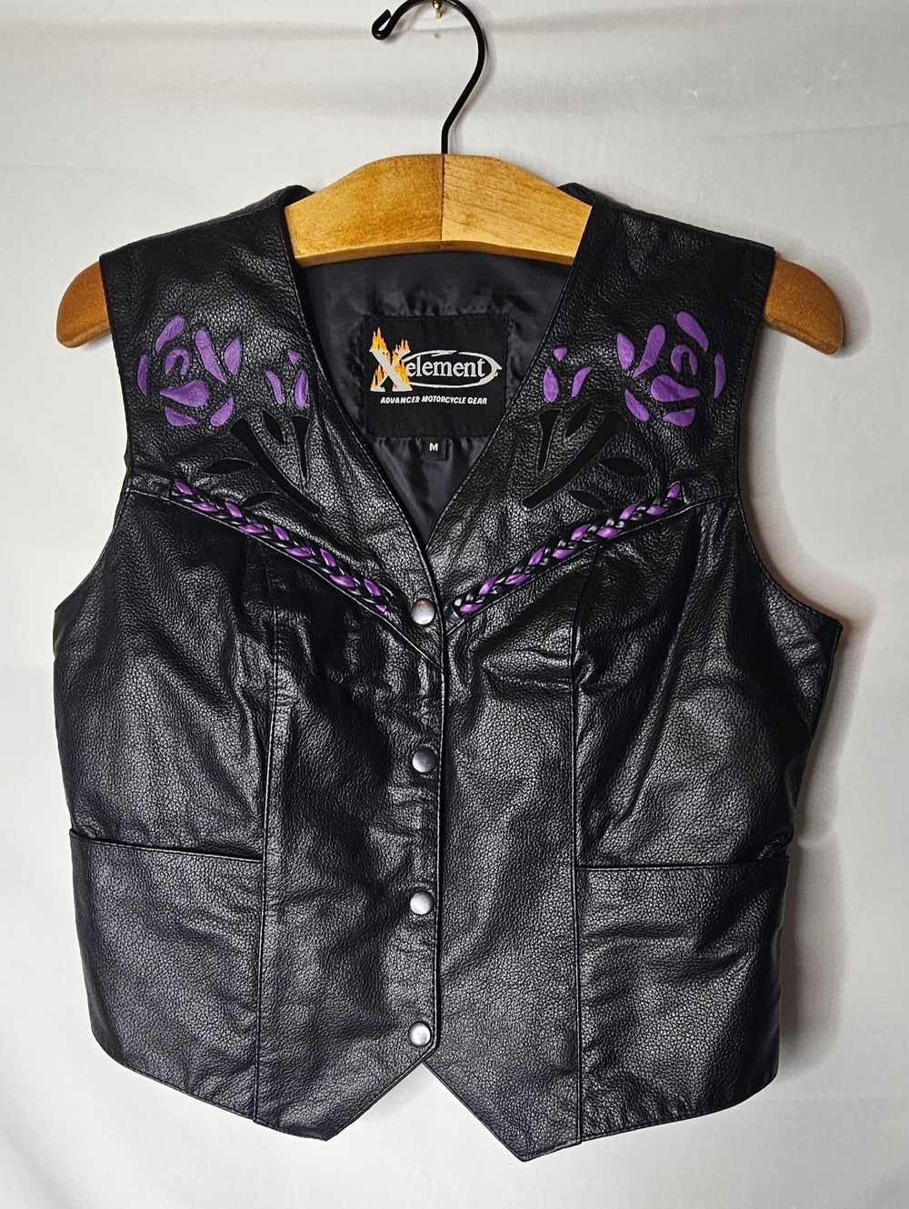 Xelement Women's Black Leather Motorcycle Vest Purple Embroidered Roses Braided